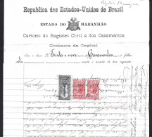 Marriage Registration 1920 In Maranhão, Republic Of United States Brazil. 3 Tax Stamps 1,200 Reis. Heiratsregistrierung - Decreti & Leggi