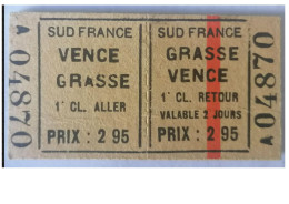 Ticket  Sncf, Ticket De Train Chemins De Fer Du Sud France Vence Grasse - Andere & Zonder Classificatie