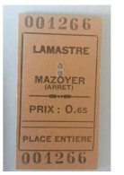 Ticket  Sncf, Ticket De Train Chemins De Fer Départementaux De L'Ardèche Lamastre Mazoyer - Autres & Non Classés