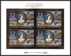 86316 N°360 B Couronnement Elizabeth II Coronation Queen Comores Comorien Non Dentelé Imperf Bloc 4 OR Gold Stamps - Familles Royales