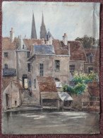 Aquarelle Originale: Chartres (28) Rue De La Tannerie, Signée G. Lefèvre - Aquarel