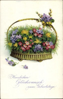 CPA Glückwunsch Zum Geburtstag, Korb Mit Blumen, Veilchen - Anniversaire
