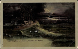 Lithographie Deutsche Kriegsschiffe, Kriegsflotte Auf Hoher See, Gewitter Bei Nacht, Blitze - Other & Unclassified