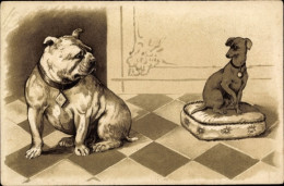 Gaufré Lithographie Zwei Hunde, Bulldogge, Terrier Auf Einem Kissen - Autres & Non Classés