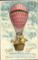 Gaufré Lithographie Glückwunsch Ostern, Küken In Einem Heißluftballon - Ostern