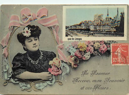 - Maine Et Loire -ref-B125- De Saumur Recevez Mon Souvenir Et Ces Fleurs - Quai De Limoges En Medaillon Et Femme -- - Saumur