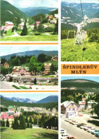 SPINDLERUV MLYN, MULTIPLE VIEWS, ARCHITECTURE, MOUNTAIN, SKI LIFT, BRIDGE, PARK, CARS, CZECH REPUBLIC, POSTCARD - Czech Republic