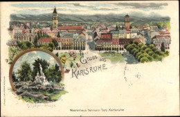 Lithographie Karlsruhe In Bade Württemberg, Panorama Der Stadt, Parkanlagen, Nymphengruppe - Autres & Non Classés