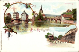 Lithographie Bad Kreuznach, Kauzenburg, Nahebrücke, Kurhaus - Autres & Non Classés