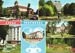 PODEBRADY, MULTIPLE VIEWS, ARCHITECTURE, CAR, TOWER, STATUE, FOUNTAIN, PARK, FLOWER CLOCK, CZECH REPUBLIC, POSTCARD - Tchéquie