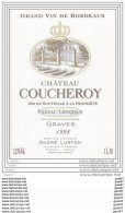 Etiquette Grd-Vin De BORDEAUX  - Réf-JP-M-580 Château COUCHEROY 1998 (Appelation GRAVES Contrôlé ) - Bordeaux