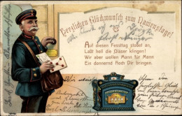 Gaufré Lithographie Glückwunsch Namenstag, Briefträger, Briefkasten, Briefe - Other & Unclassified