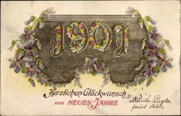 Lithographie Glückwunsch Neujahr 1901, Veilchen, Blumen - New Year
