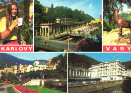 KARLOVY VARY, MULTIPLE VIEWS, ARCHITECTURE, PARK, GARDEN, CARS, SCULPTURE, WOMAN, CZECH REPUBLIC, POSTCARD - Czech Republic