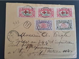 Belle Lettre Recommandée Bande De 3 81A Croix Rouge + N°56 Et 58 De La Réunion 1916 Vers Militaire à St Cyr L'école - Storia Postale