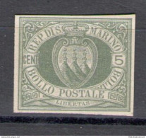 1892 San Marino, Prova N. 13 - 5 Cent Olivastro - Senza Gomma - Variétés Et Curiosités