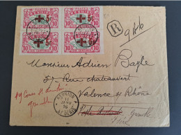 Réunion Belle Lettre Recommandée Bloc De 4 Du 81 Croix Rouge De St Denis Réunion Vers Valence Puis Grenoble 1916 - Covers & Documents
