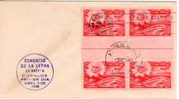 Cuba 1948, 4er-Block 2 C. Lepra Kongress M. Zwischensteg Auf Ersttagsbrief  - Autres - Amérique