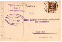 DR 1921, Späte Bayern Posthilfstelle RIED Taxe Sulzberg Auf Infla Karte  - Lettres & Documents