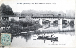 C. P. A. : 08 : RETHEL : Les Ponts De Chemin De Fer Sur L'Aisne, Train, Barque, Timbre En 1906 - Rethel