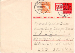 Schweiz 1952, 15 C. Auf 25/20 C. Ganzsache V. ERLACH N. Chile! Destination! - Sonstige & Ohne Zuordnung