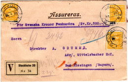 Schweden 1923, 3x35 U. Rücks. 10 öre Auf Wert Brief V. Stockholm N. Bayern. - Covers & Documents