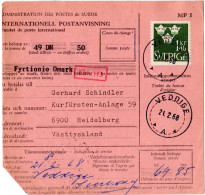 BRD 1968, Karlsruhe PSchA D Rücks. Auf Internationaler Postanweisung V. Schweden - Cartas & Documentos