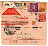 DR 1922, 50 Pf.+3+5 Mk. M. Perfin W&C Auf Nachnahme Paketkarte V. Mühlhausen - Brieven En Documenten