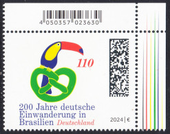 !a! GERMANY 2024 Mi. 3833 MNH SINGLE From Upper Right Corner - 200 Years Of German Immigrants In Brazil - Ongebruikt