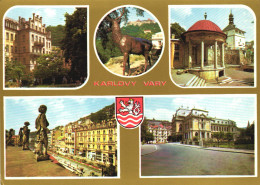 KARLOVY VARY, MULTIPLE VIEWS, ARCHITECTURE, SCULPTURE, TOWER, STATUE, EMBLEM, CZECH REPUBLIC, POSTCARD - Czech Republic