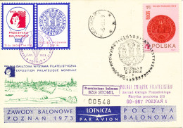 Poland Card 2-9-1973 World Stamp Exhibition Balloonpost With N. Copernicus Labels And More Postmarks - Covers & Documents