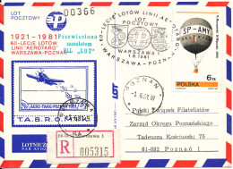 Poland Registered Card Warszawa - Poznan Airline 60th Anniversary With Hot Air Balloon Stamp And More Postmarks 1-6-1981 - Storia Postale
