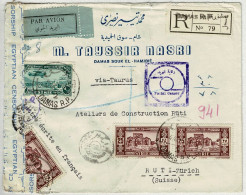 Syrien / Syrie 1942, Luftpostbrief Einschreiben Air Mail Damas Via Beyrouth - Taurus Nach Rüti (Schweiz), Zensur/Censor - Siria