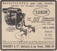 Phares Pour Moto LUXOR - 1930 Vintage Advertising - Pubblicità Epoca - Publicités