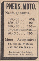 Pneus Moto - Moto Accessoires - Vincennes - 1929 Vintage Advertising - Publicités