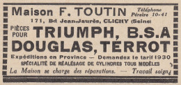 Maison F. Toutin - Clichy - Triumph - B.S.A. - Douglas - 1930 Vintage Ad - Publicités