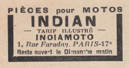INDIAMOTO Pièces Pour Motos INDIAN - 1930 Vintage Advertising - Pubblicità - Publicités