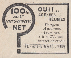 Agences Eéunies - Peugeot - Automoto - 1930 Vintage Advertising  - Advertising