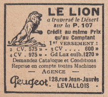 Le Lion - Agence Doublet - Levallois - Peugeot - 1930 Vintage Advertising - Advertising