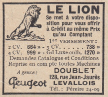 Le Lion - Agence Doublet - Levallois - Peugeot - 1930 Vintage Advertising - Advertising