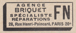 Agence BRIQUET Specialiste Réparations FN - 1930 Vintage Advertising - Publicités