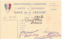 OCCITANIE AUDE LEGION FRANCAISE DES COMBATTANTS CARTE DE MEMBRE DES AMIS DE LA LEGION SECTION AZILLE GUILLOU FRANCOISE - 1939-45