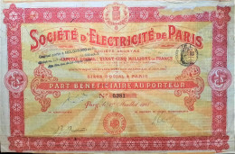 Société D'Electricité De France - 1905 - Paris -part Bénéficiaire Au Porteur - Electricity & Gas