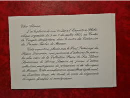 LETTRE    MONACO INVITATION EXPOSITION PHILATELIQUE 1985 EPREUVE SOUVENIR - Sonstige & Ohne Zuordnung