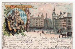 39044441 - Muenchen, Lithographie Mit Marienplatz U. Bayerischer Loewe Gelaufen Von 1901. Albumabdruecke An Den Ecken L - Muenchen