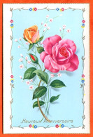 CP Roses Fleurs 5 Heureux Anniversaire Dentelée Bords Dorés Carte Vierge TBE - Anniversaire