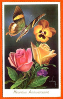 CP Papillon Roses Fleurs 3 Heureux Anniversaire Dentelée Bords Dorés Fleur Rose Carte Vierge TBE - Anniversaire