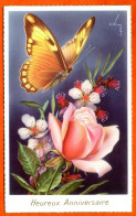 CP Papillon Roses Fleurs 4 Heureux Anniversaire Dentelée Bords Dorés Fleur Rose Carte Vierge TBE Ste6789 - Anniversaire