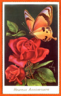 CP Papillon Roses Fleurs 2 Heureux Anniversaire Dentelée Bords Dorés Fleur Rose Carte Vierge TBE - Birthday