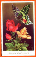 CP Papillon Roses Fleurs 1 Heureux Anniversaire Dentelée Bords Dorés Fleur Rose Carte Vierge TBE - Anniversaire